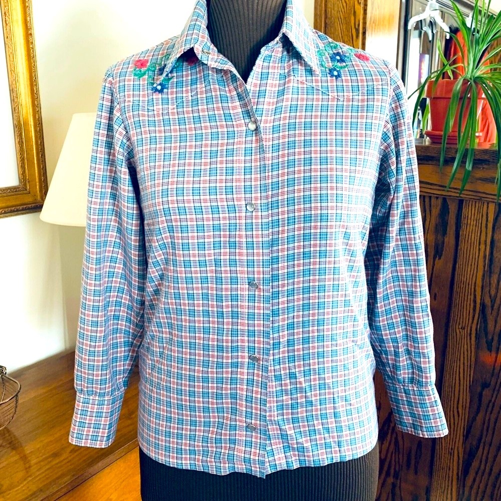 Pearl Snap Vintage Women's Shirt Plaid Embroidered Hand Sewn Sz M